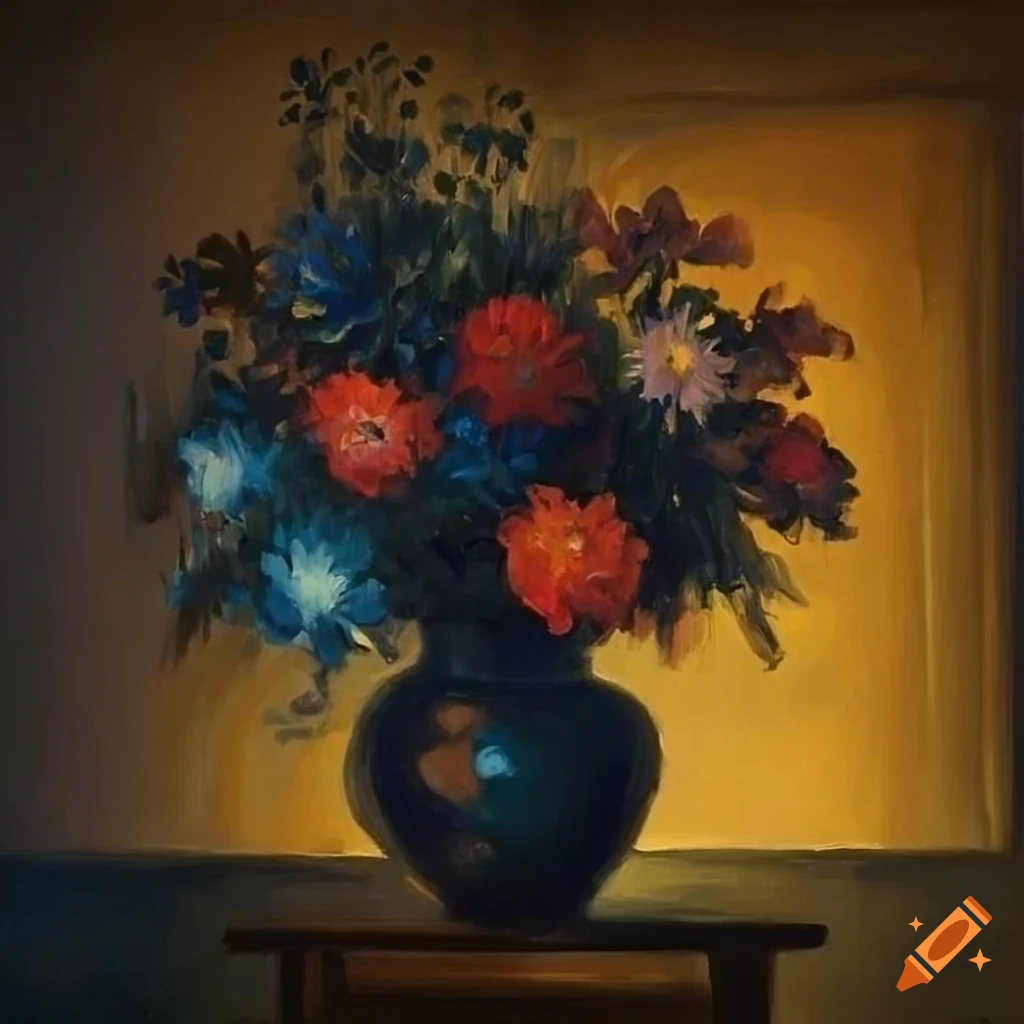 Vase of flowers in front of a window overlooking the city at night on ...