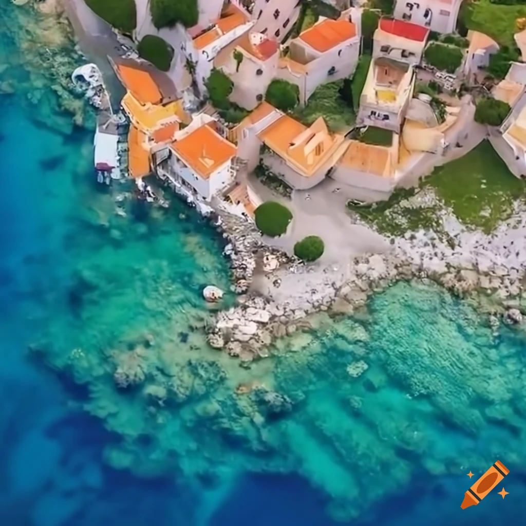 Aerial view of a village by the Mediterranean Sea