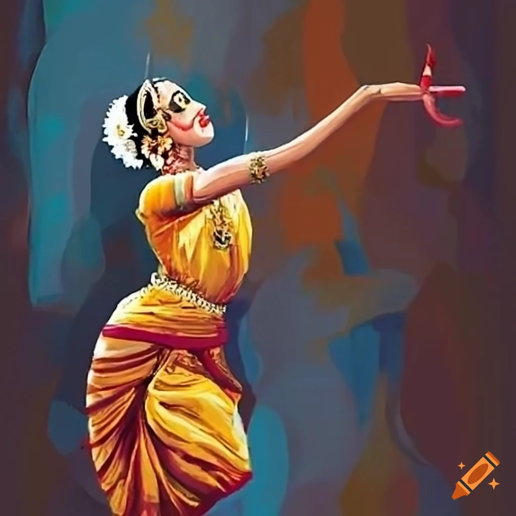 Bharatanatyam dance in the style of MF Hussain art