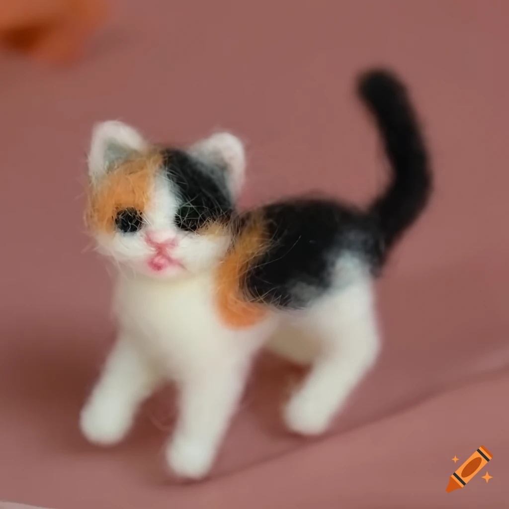 Needle felted calico kitten with black dot eyes and paw spots