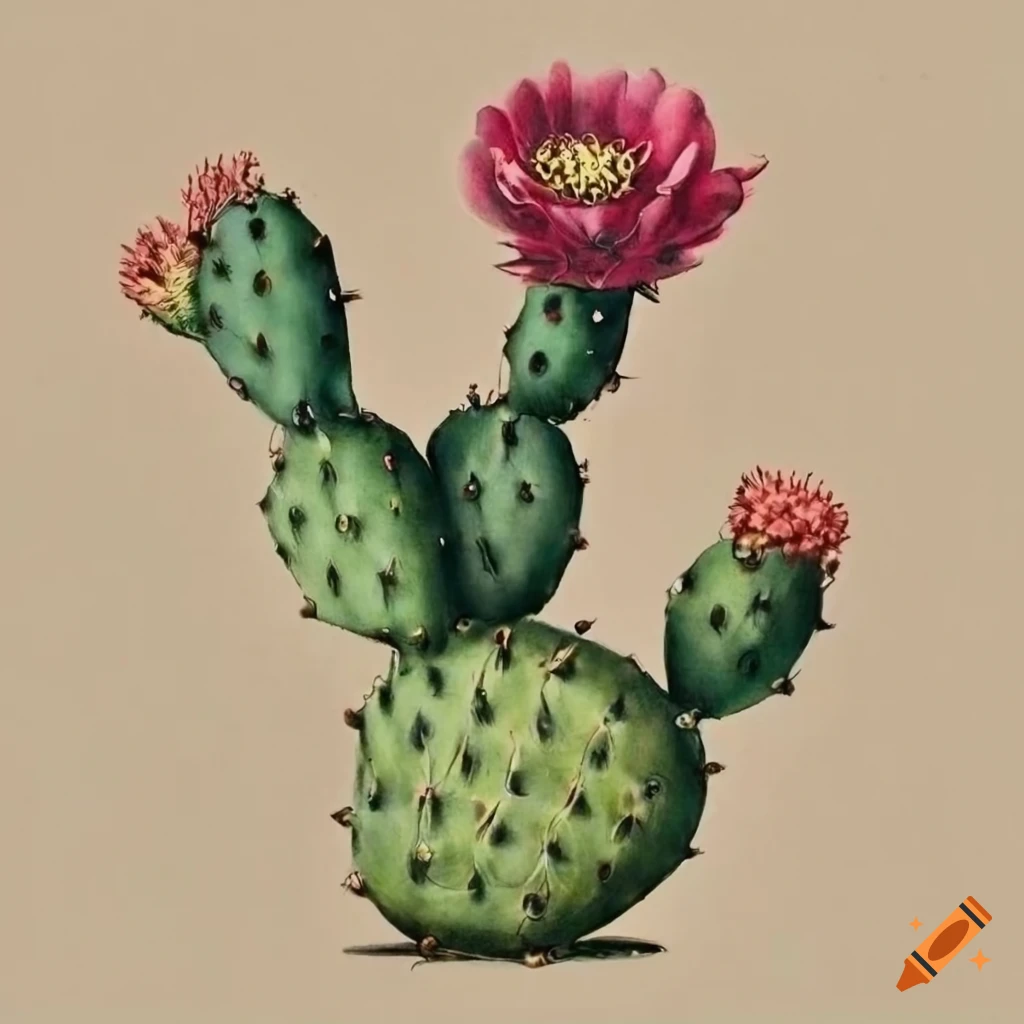 Intricate vintage botanical illustration of Opuntia humifusa cactus flower