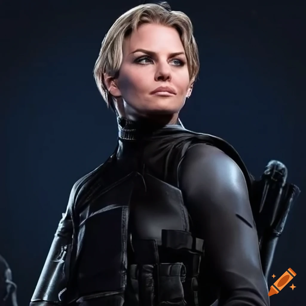 Actress jennifer morrison with short hair in a selina kyle tactical bodysuit on Craiyon