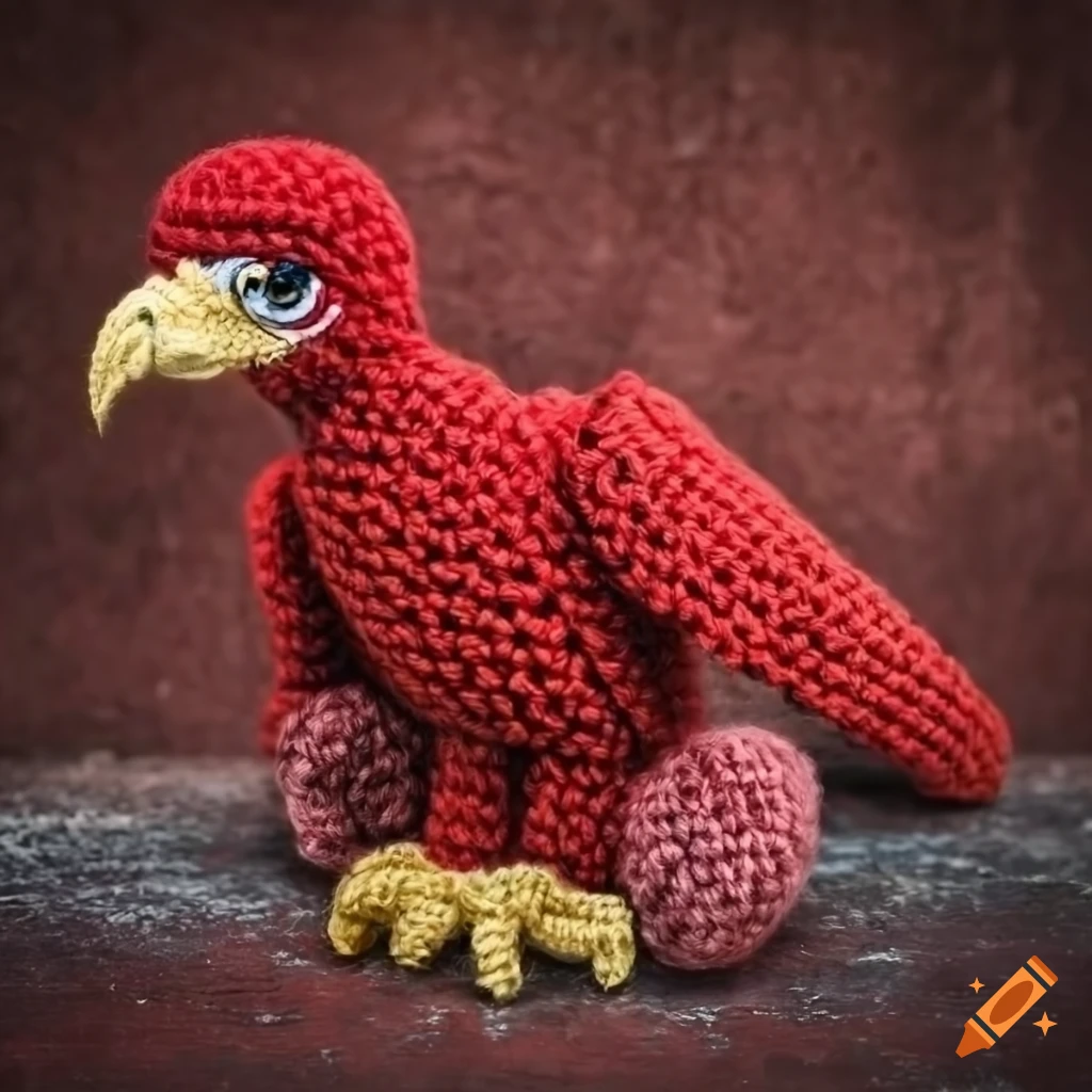 Red golden eagle crochet doll on detailed red concrete background