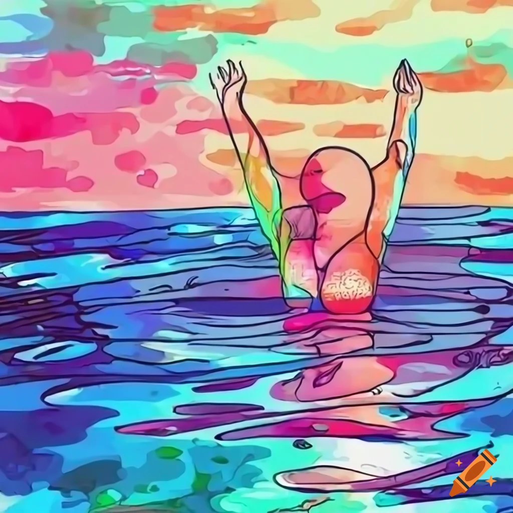 Line drawing vector of an island with a person swimming in the water