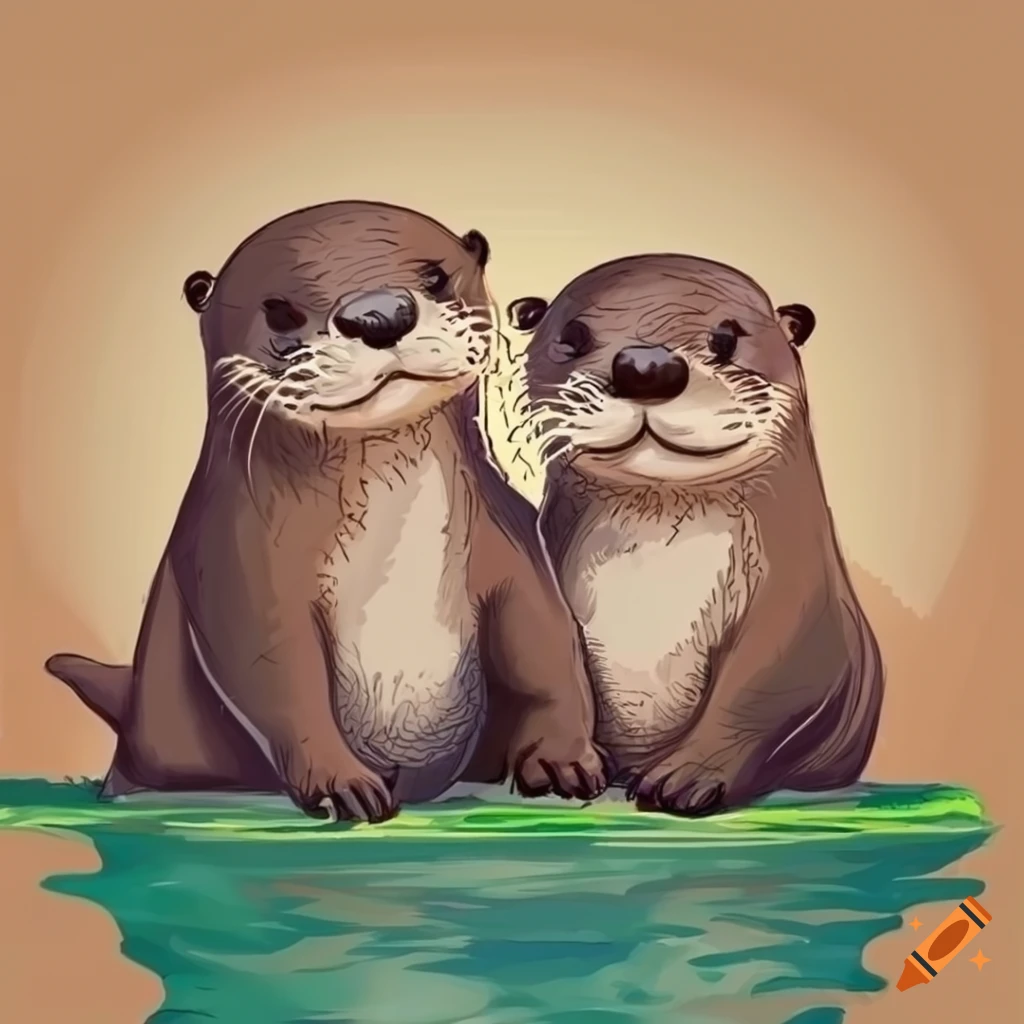 Playful otter brothers drawing together