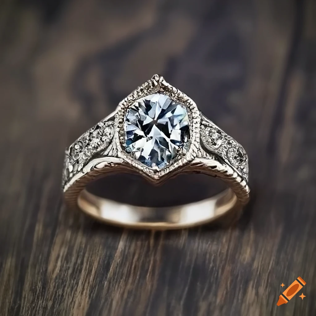 Ancient Norse-inspired engagement ring with intricate silver design and radiant diamond centerpiece