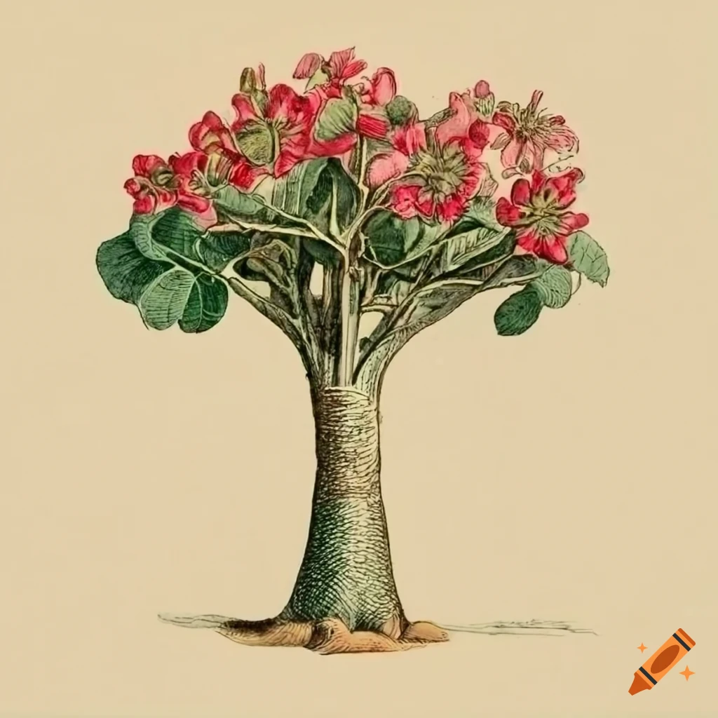 Vintage botanical illustration of Adenium obesum plant in 18th century style