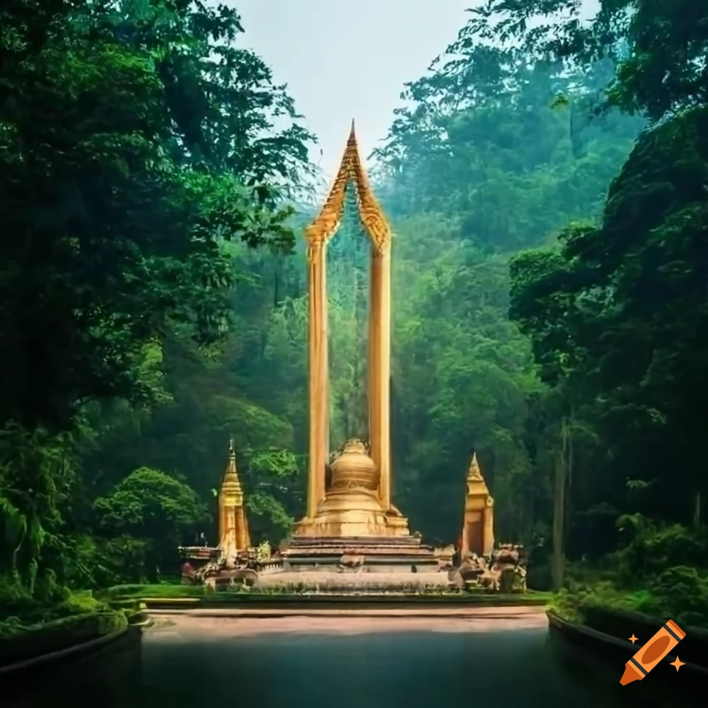 Thai democracy monument with buddhist temple architecture in a rain forest