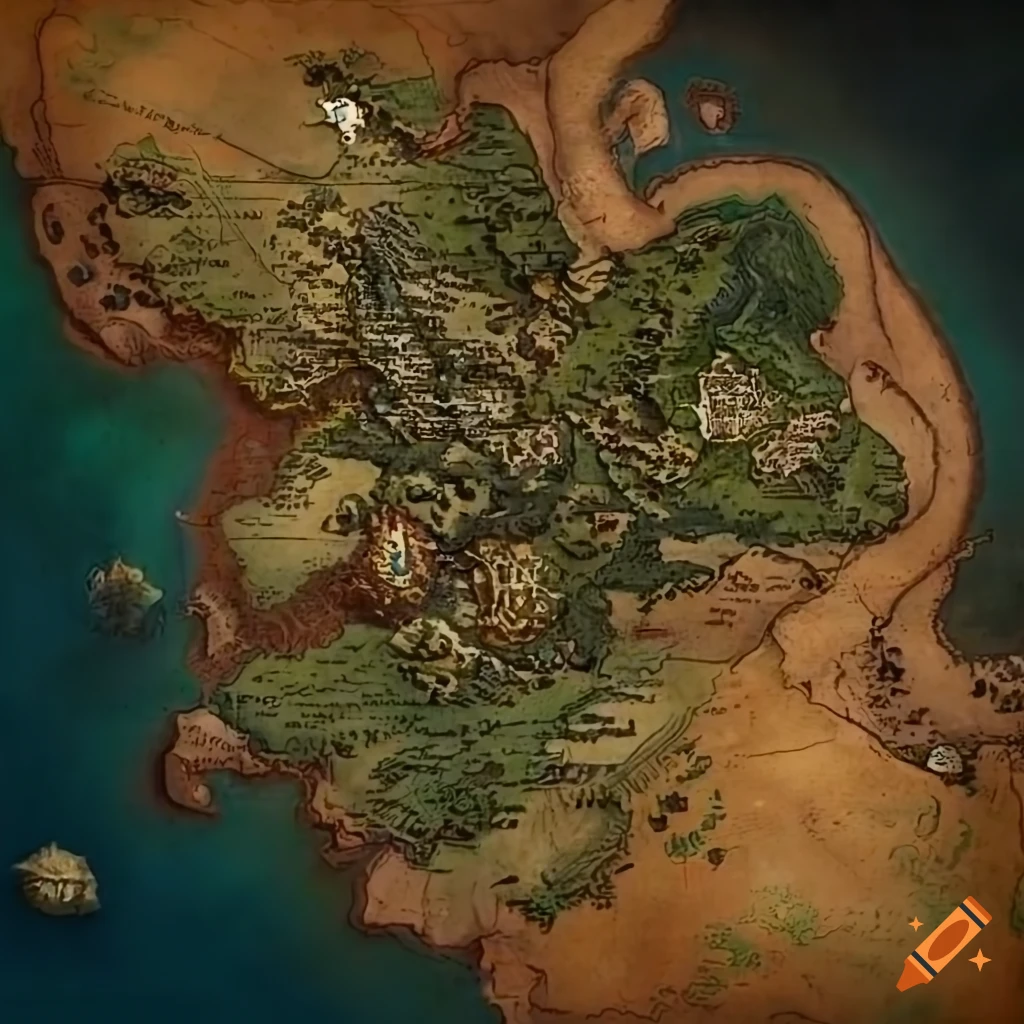 Detailed ancient artstyle map of a fantasy peninsula from above