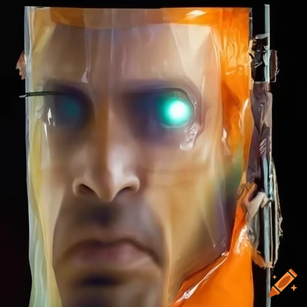 Gordon Freeman inside a colorful translucent plastic bag in a studio photo with vivid colors