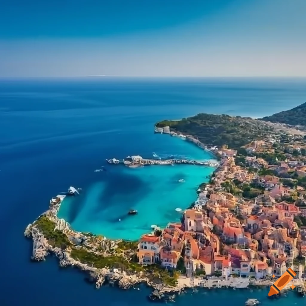 Aerial view of a village by the Mediterranean Sea