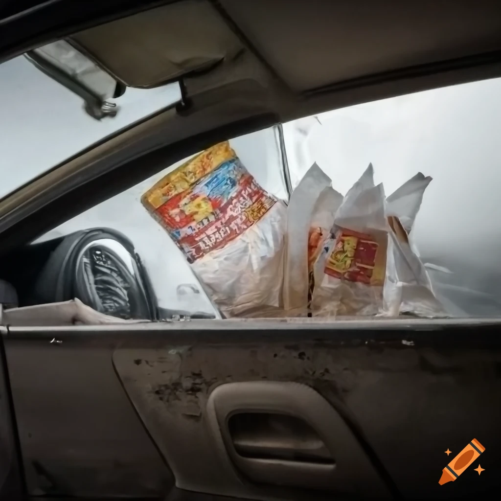 View from inside a car filled with fast food bags and cigarettes