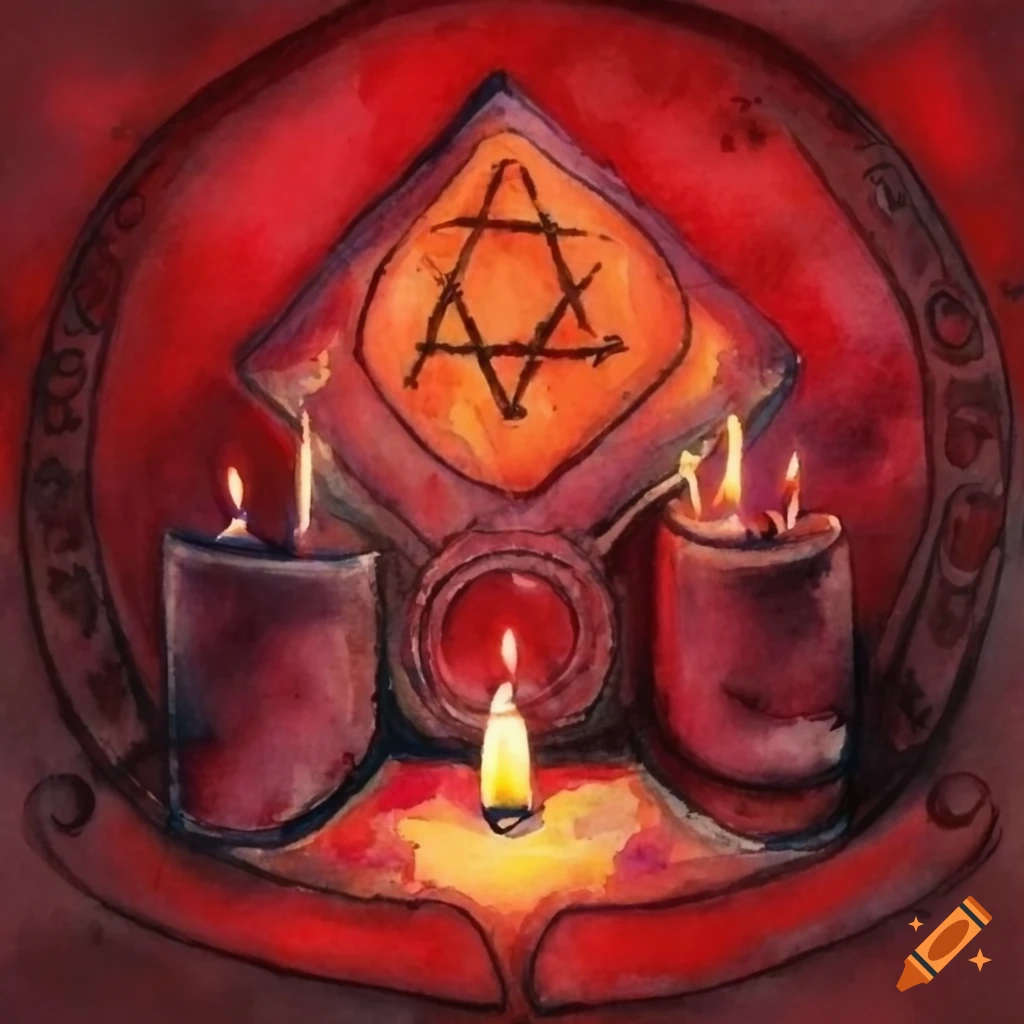 Witchcraft pentacle with candles on a red background watercolor painting