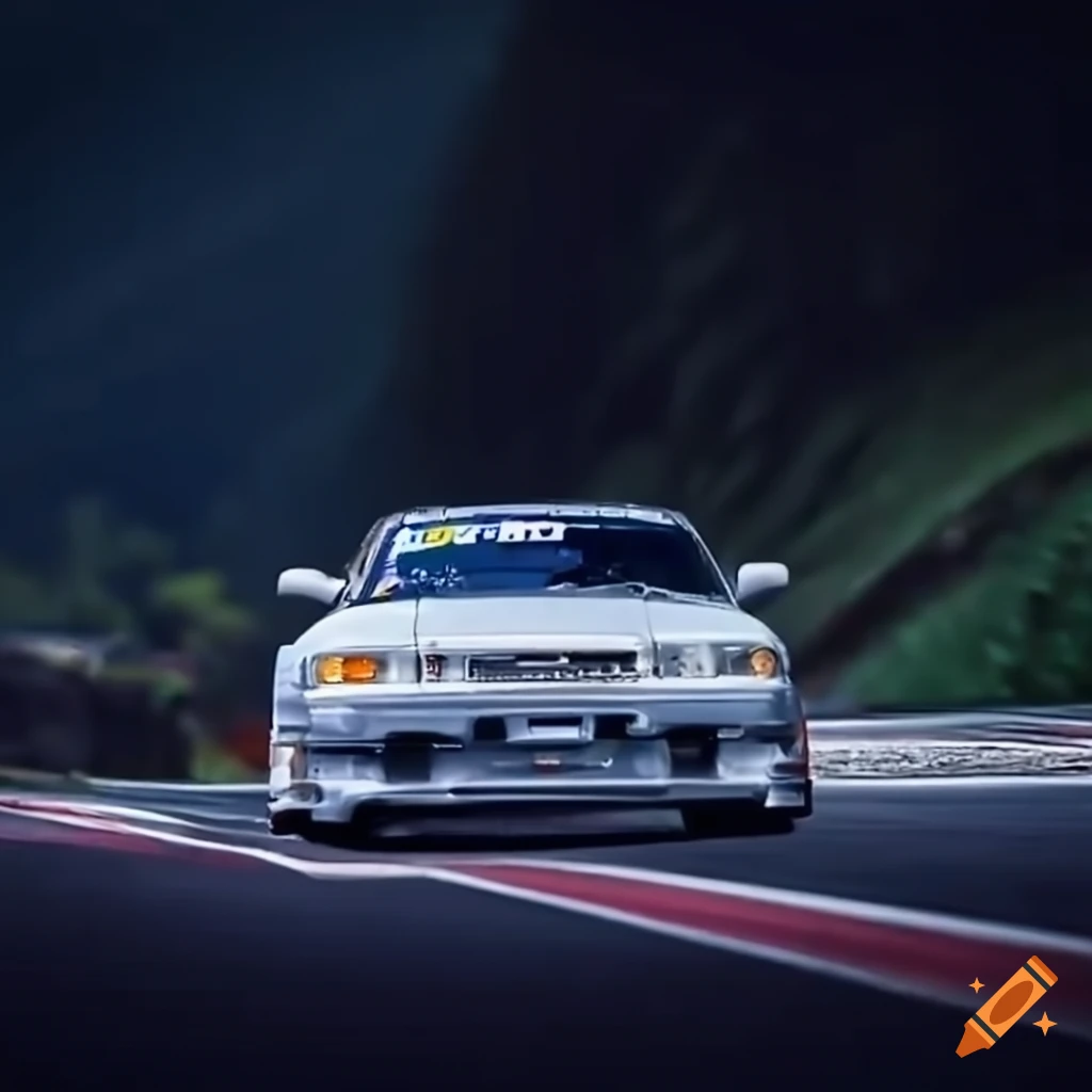 Nissan Skyline R33 racing on Fuji mountain circuit in 4k detail on Craiyon