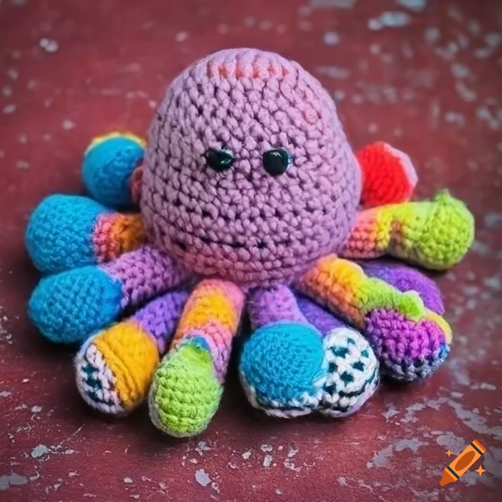 Colorful fluffy octopus crochet doll on red concrete background