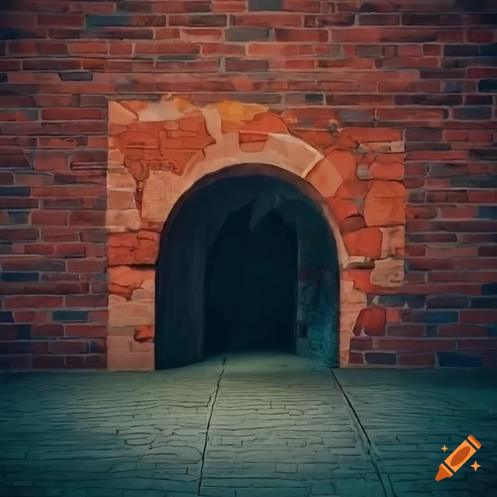 Illusionary tunnel entrance painted on a brick wall in fantasy art style