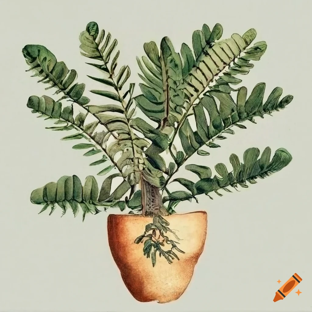 Vintage botanical illustration of Zamia furfuracea ZZ plant