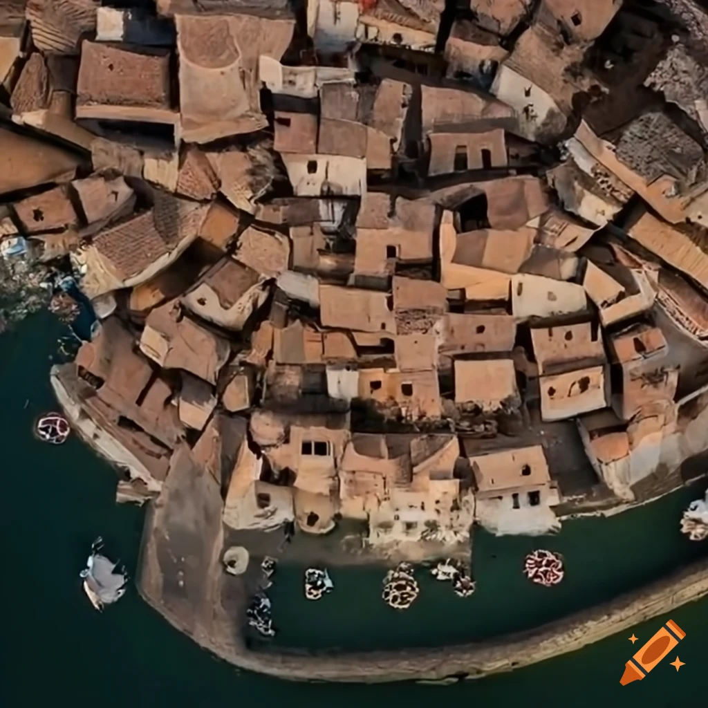 Top view of a medieval Mediterranean fishers' village
