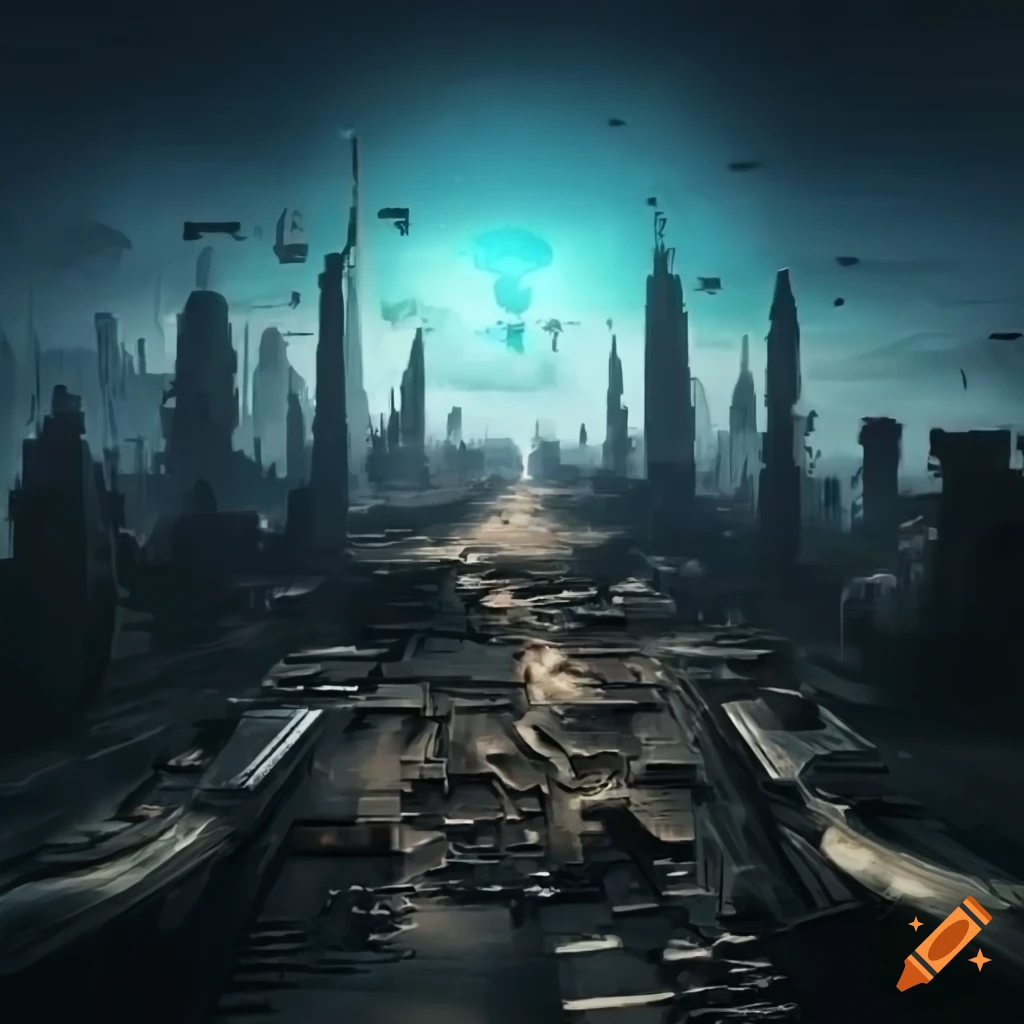 Dirt road leading to spaceship style city in the distance