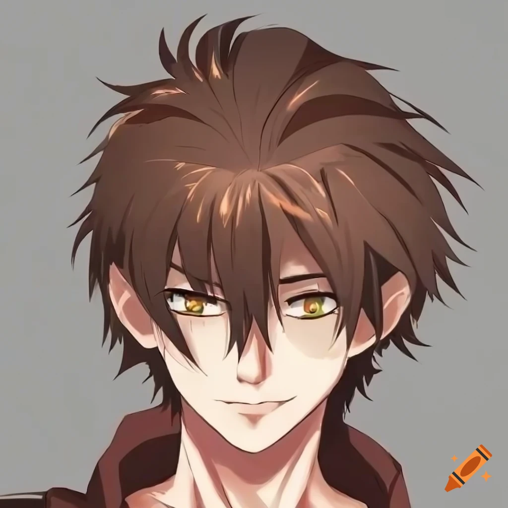 Young anime man with brown hair and gold eyes