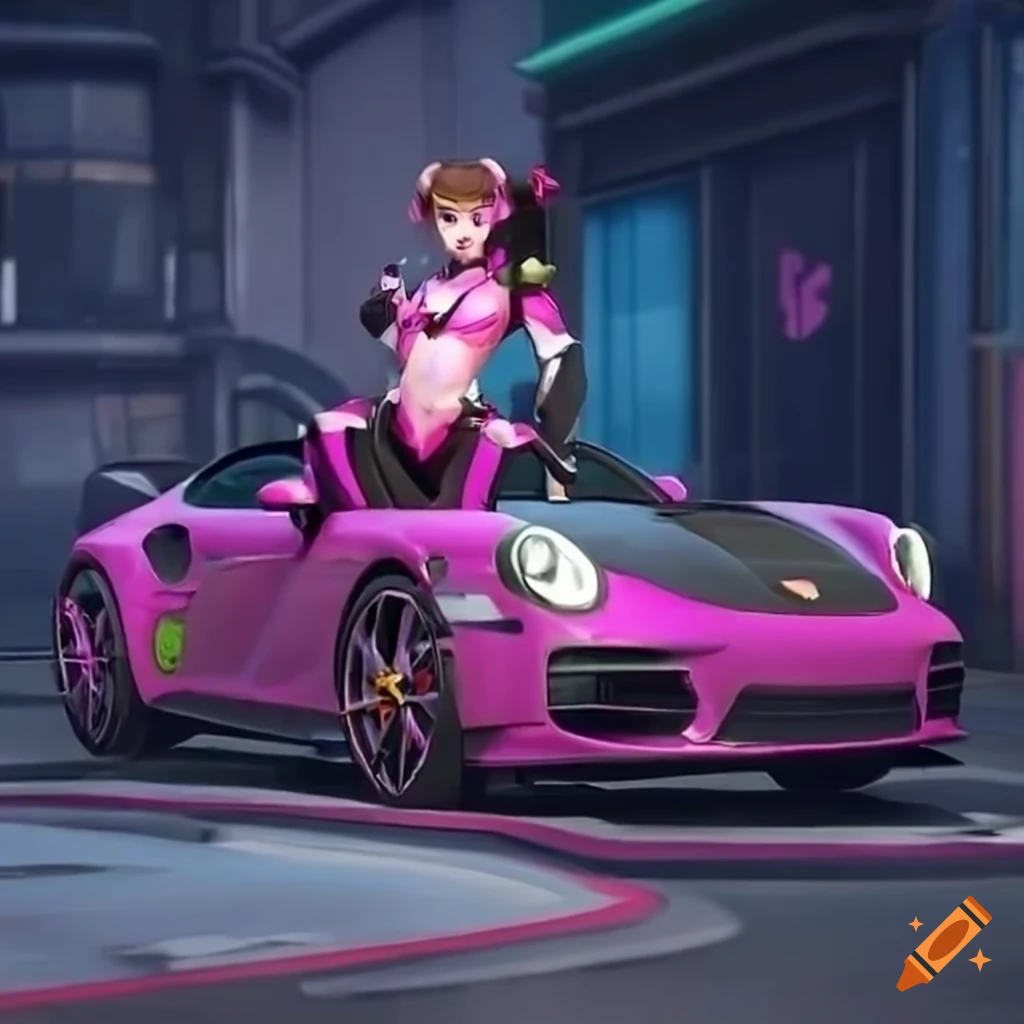 D.va from Overwatch transformed into a Porsche car on Craiyon