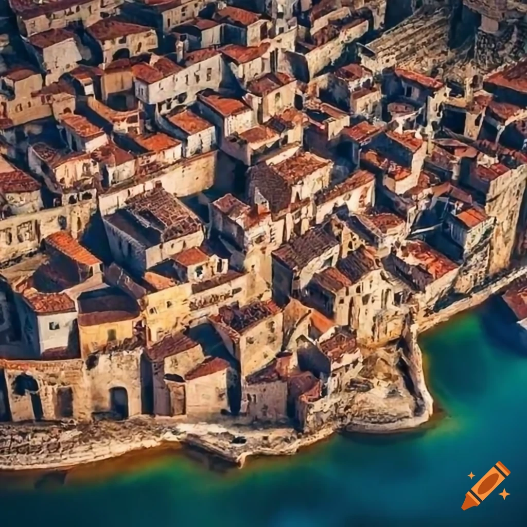Top view of a medieval Mediterranean fisher's village