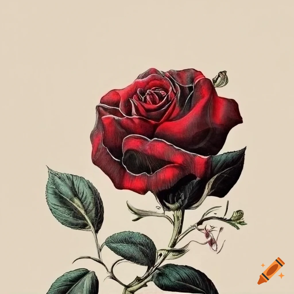 Vintage botanical illustration of a Black red Rose plant