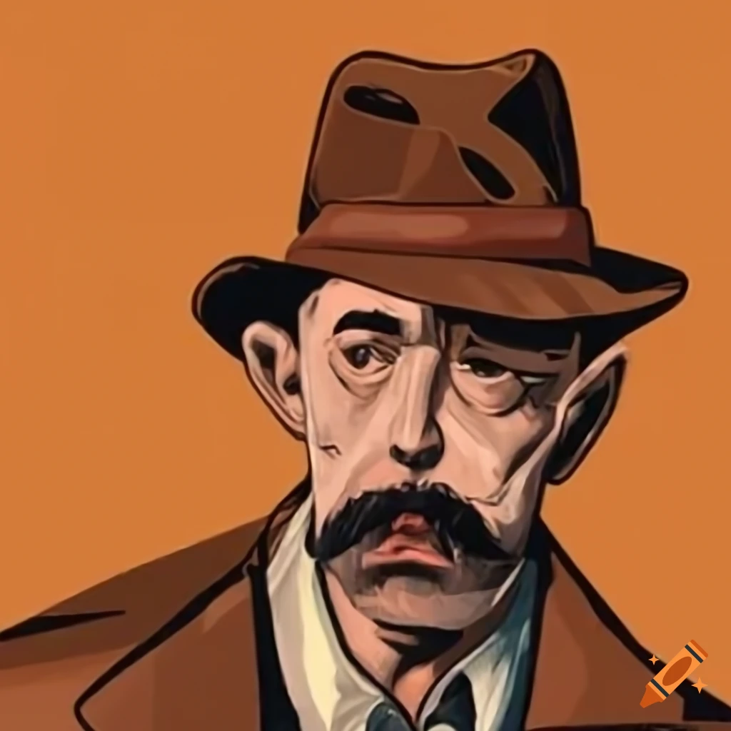Rough detective in brown vest and fedora in a bar