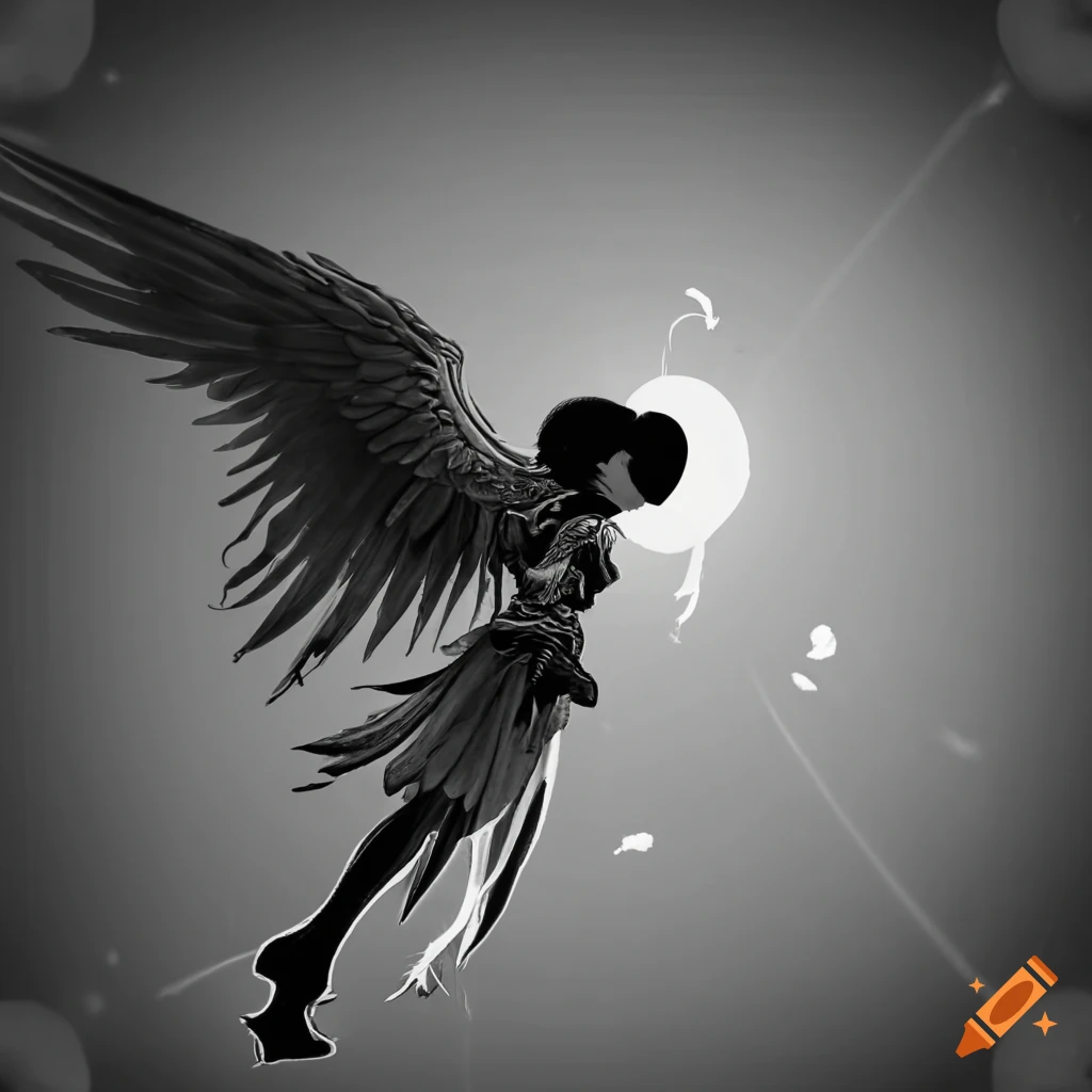 Icarus flying towards the sun in black and white