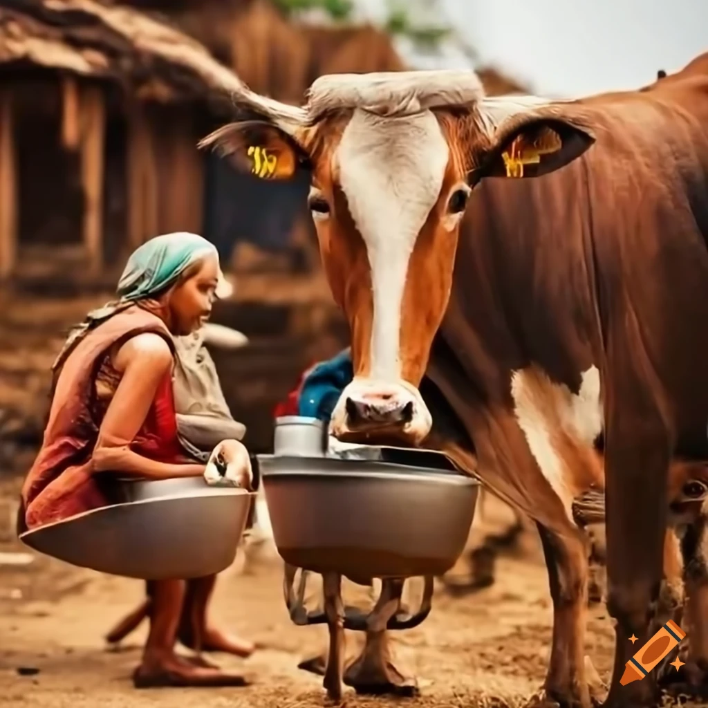 Skilled farmers milking cows in a traditional village dairy
