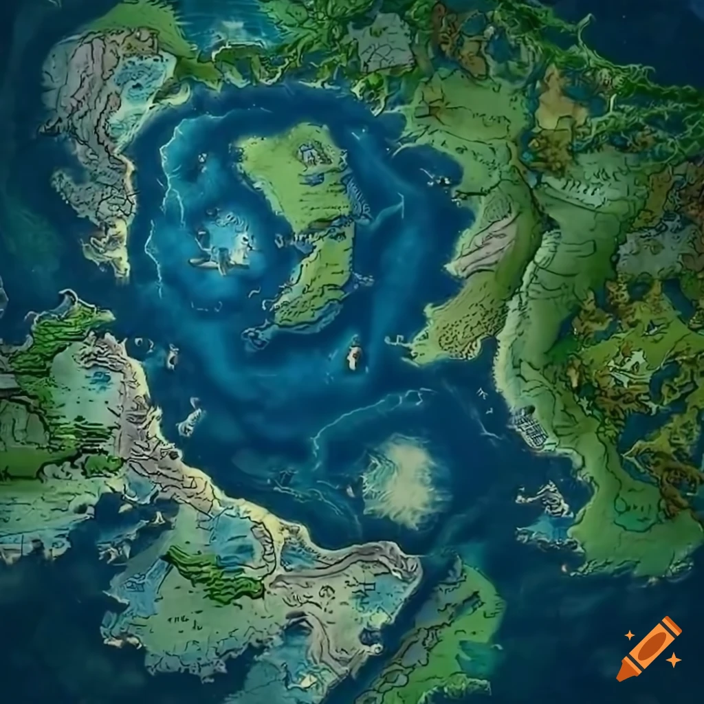 Detailed fantasy topographic map of a unique world inspired by Breath of the Wild