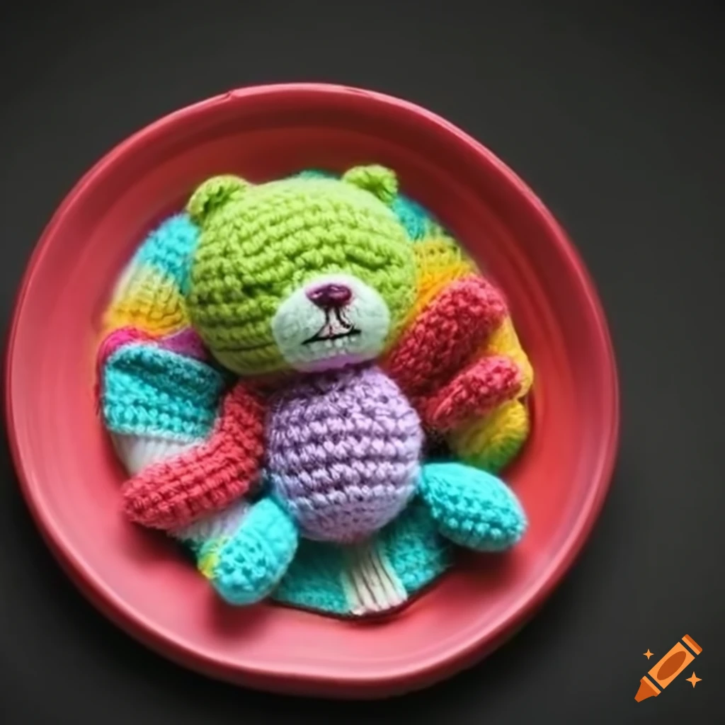 Cute colorful bear crochet doll sleeping in a milk plate with nature landscape backdrop