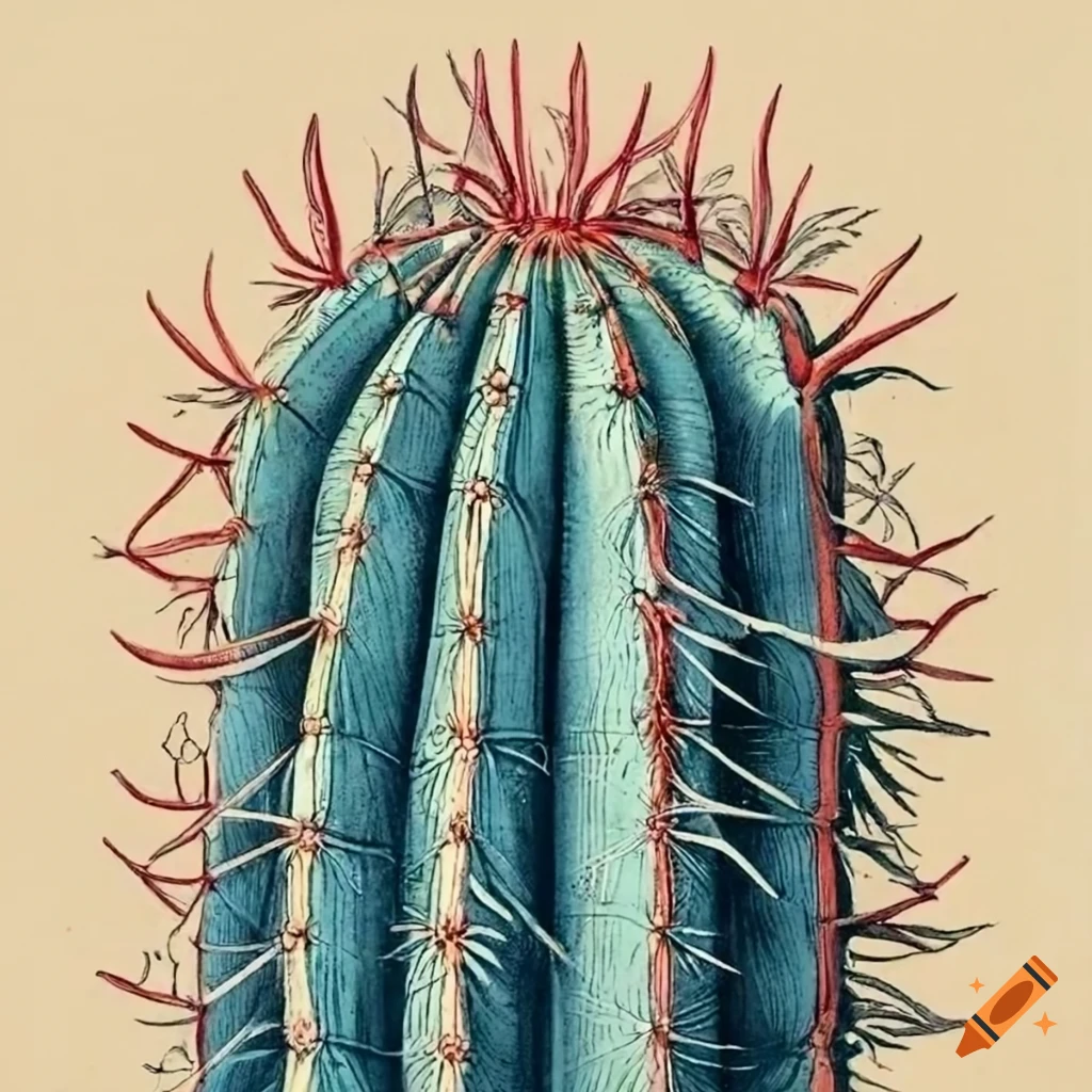 Vintage botanical illustration of blue torch Pilosocereus cactus plant