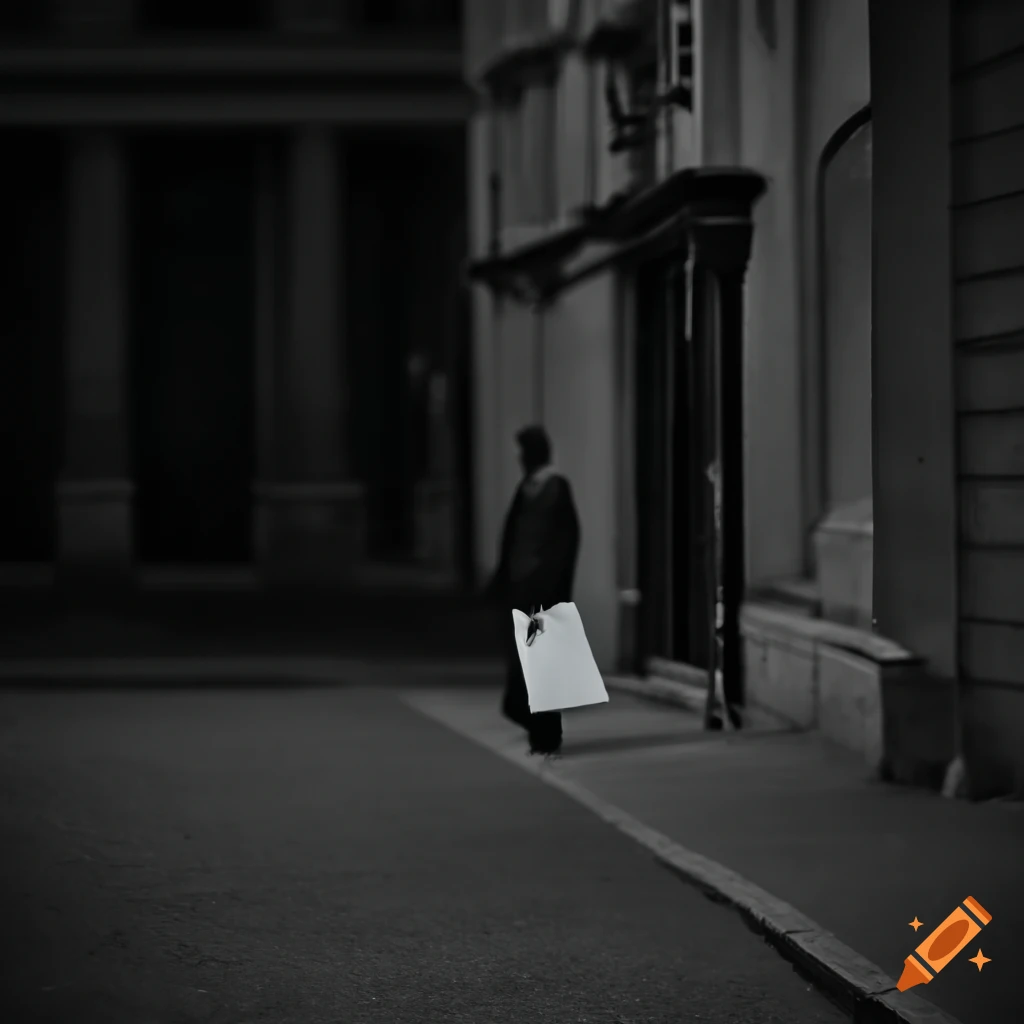 Lonely man with a shopping bag walking across a gloomy plain