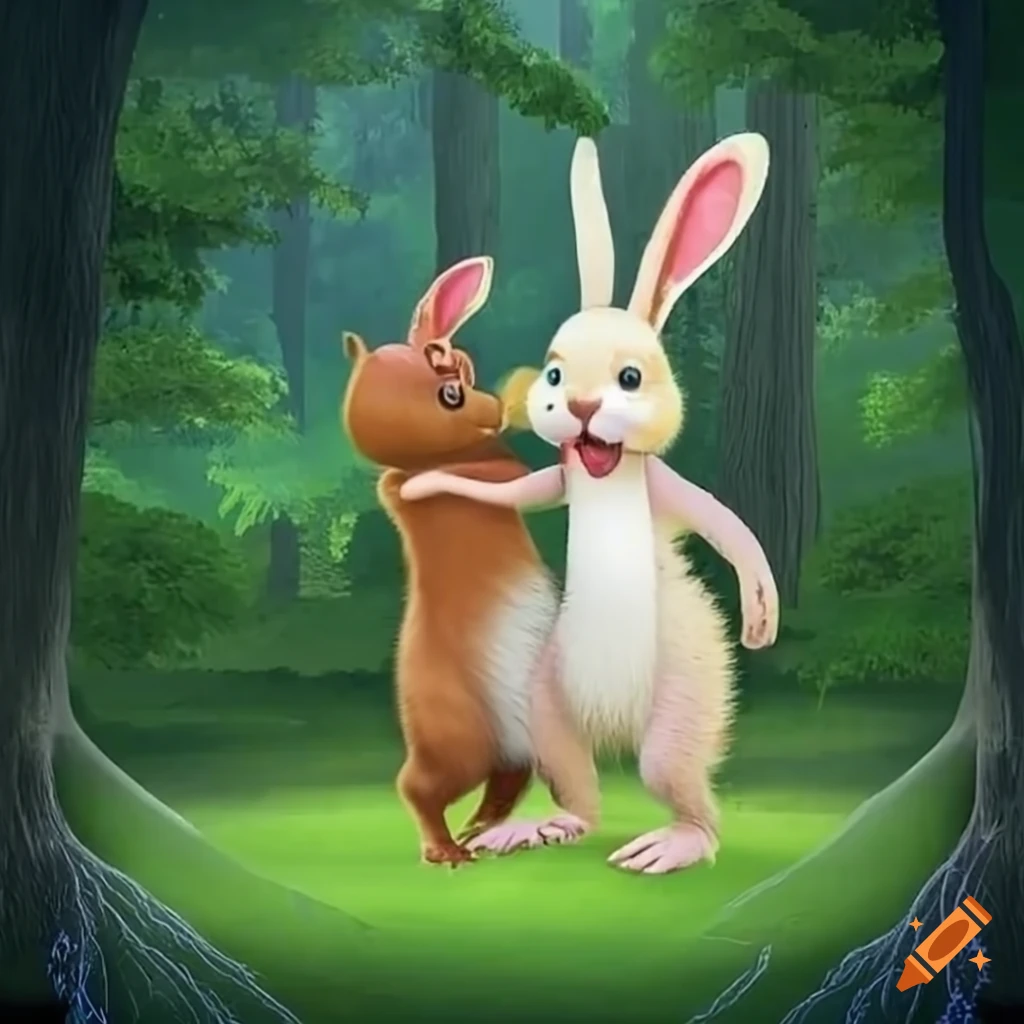 Max the bunny and Bella the squirrel looking at a map under a big tree