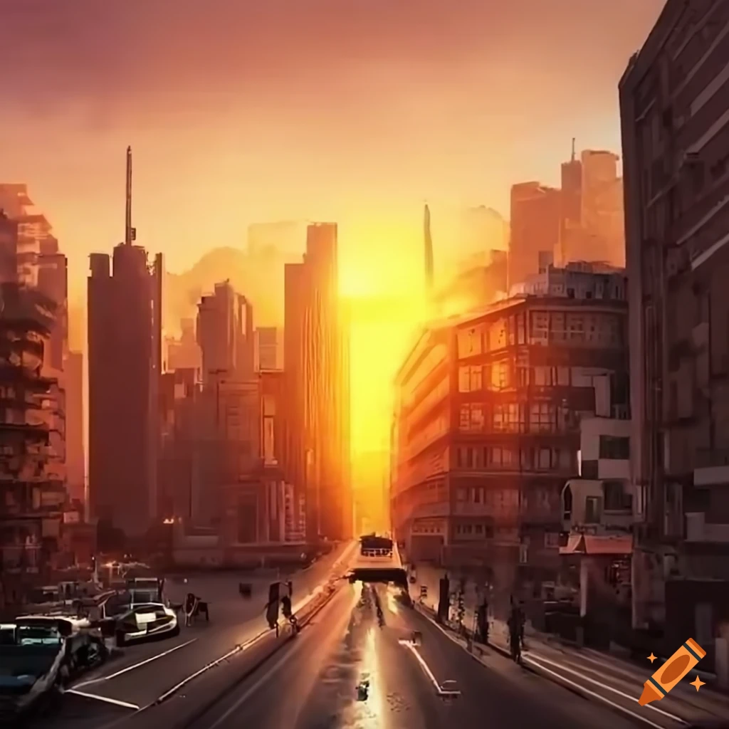 City skyline with exploding sun creating chaos as people flee to safety ...