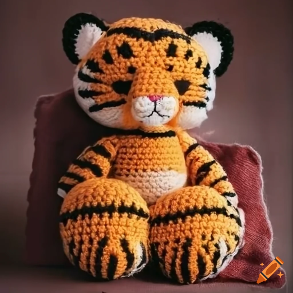Cute tiger crochet doll sleeping on a vintage pillow