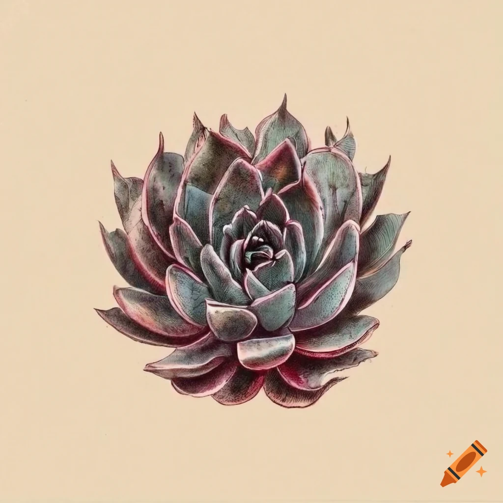 Intricate vintage botanical drawing of Echeveria black prince plant