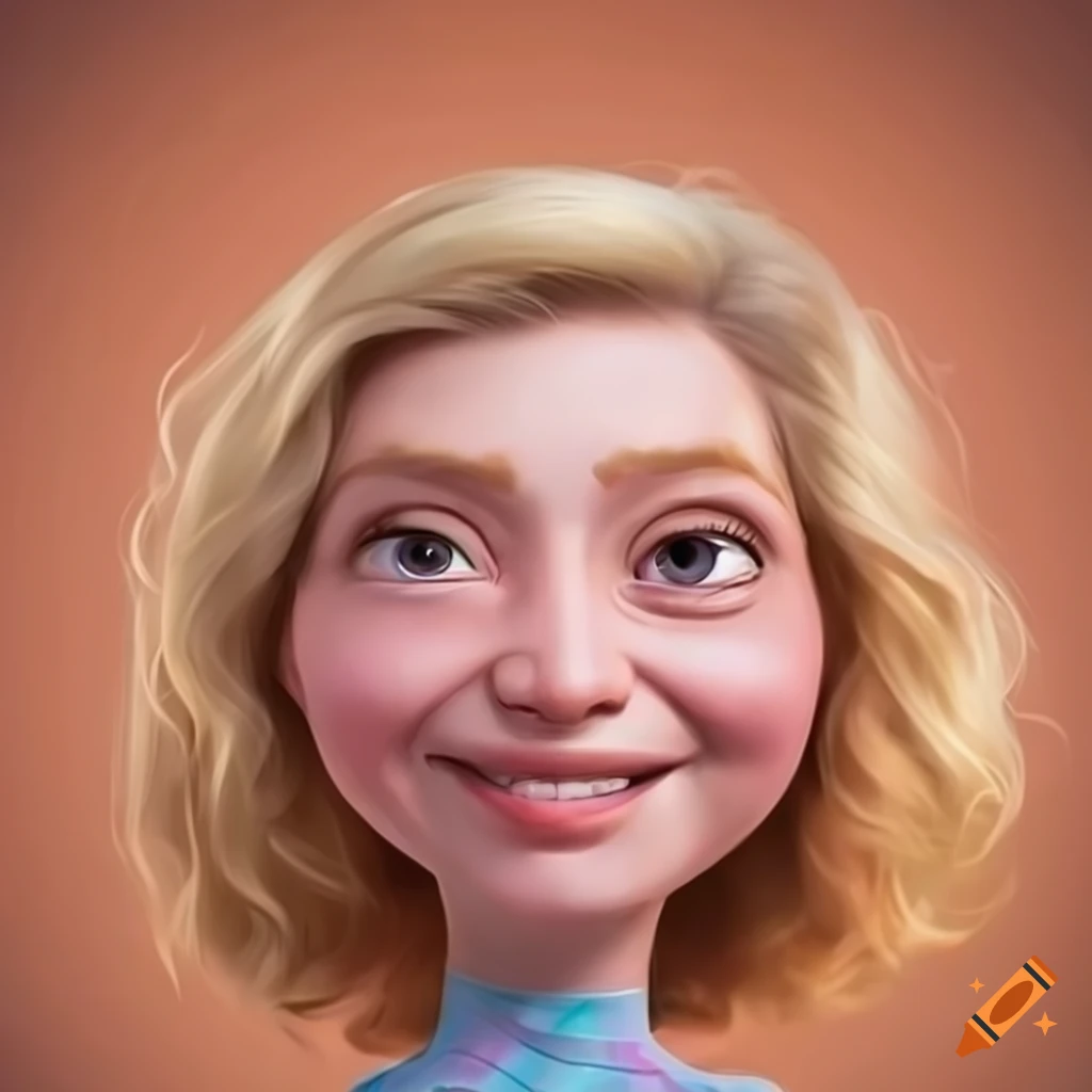 Pixar-inspired portrait of a kind-hearted blonde woman with a radiant smile