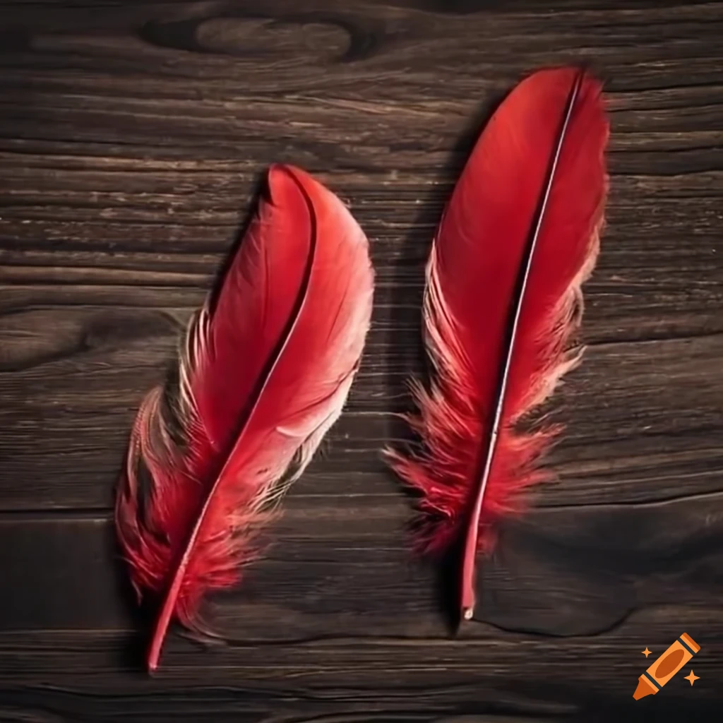 Long red feathers on a wooden table