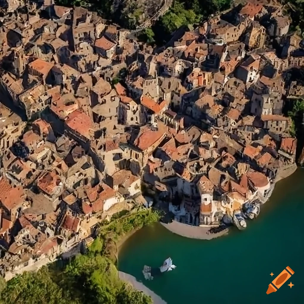 Top view of a medieval Mediterranean fishers' village