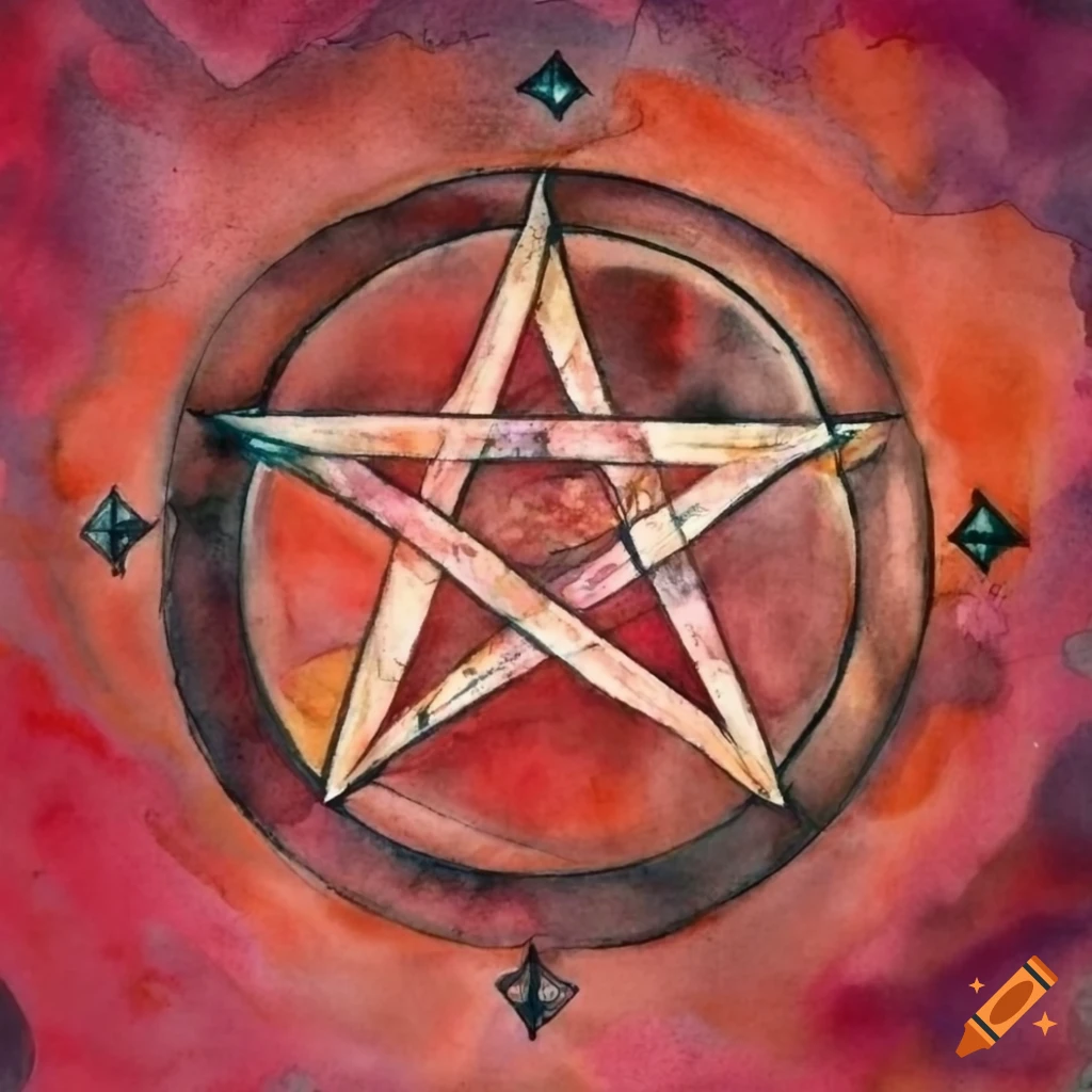 Witchcraft pentacle with red background in watercolor painting