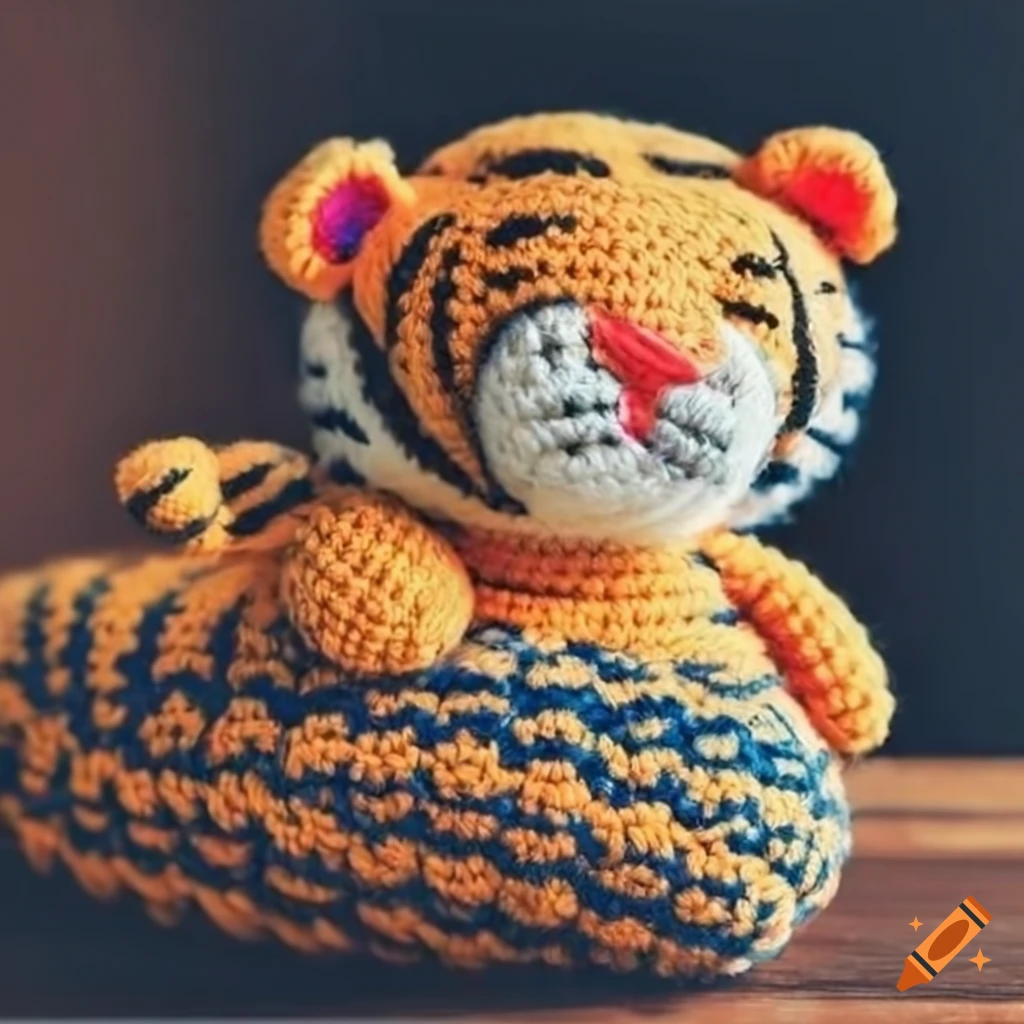 Cute tiger crochet doll sleeping on a vintage pillow