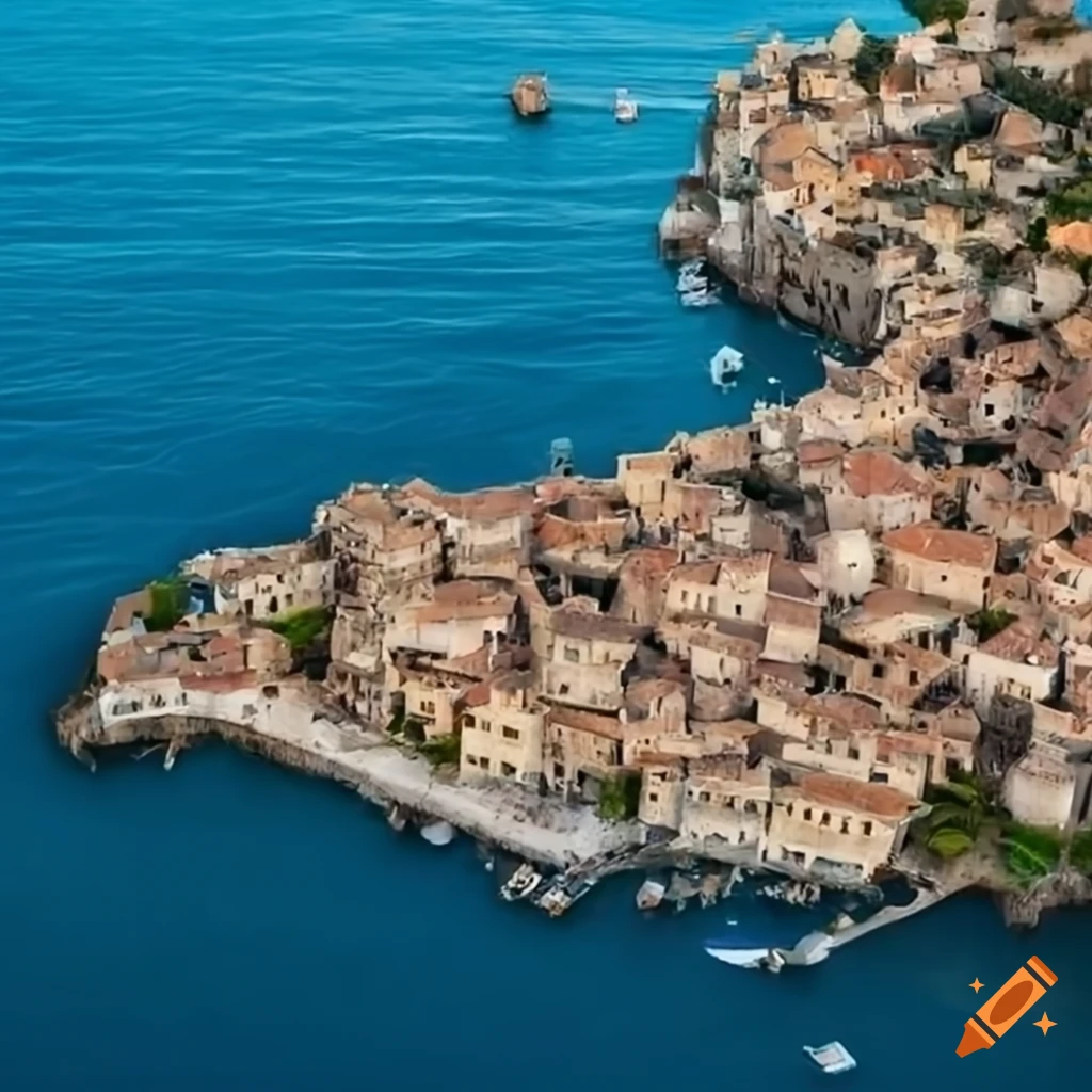 Top view of a medieval Mediterranean fisher's village
