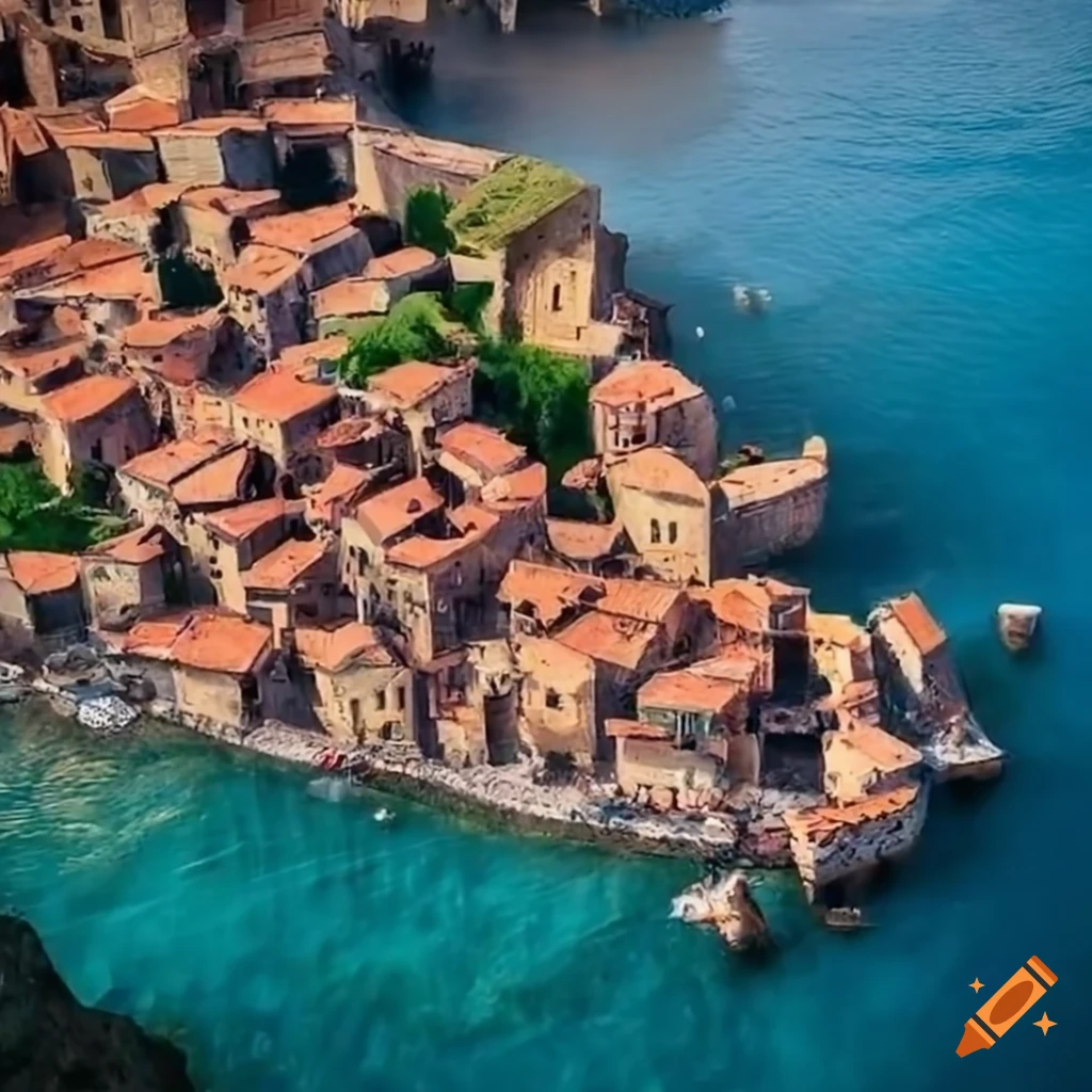 Top view of a medieval Mediterranean fisher's village
