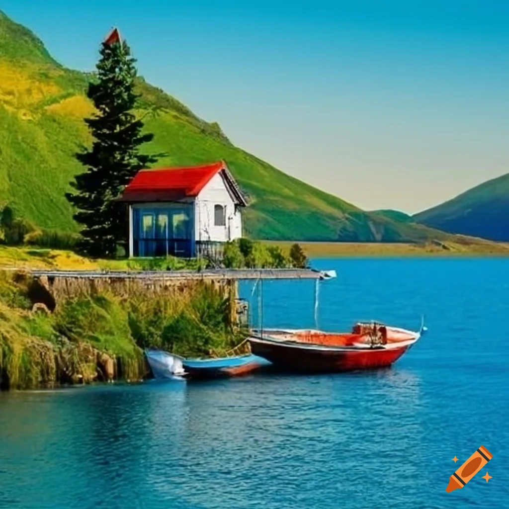House by the water with hills and anchored boat
