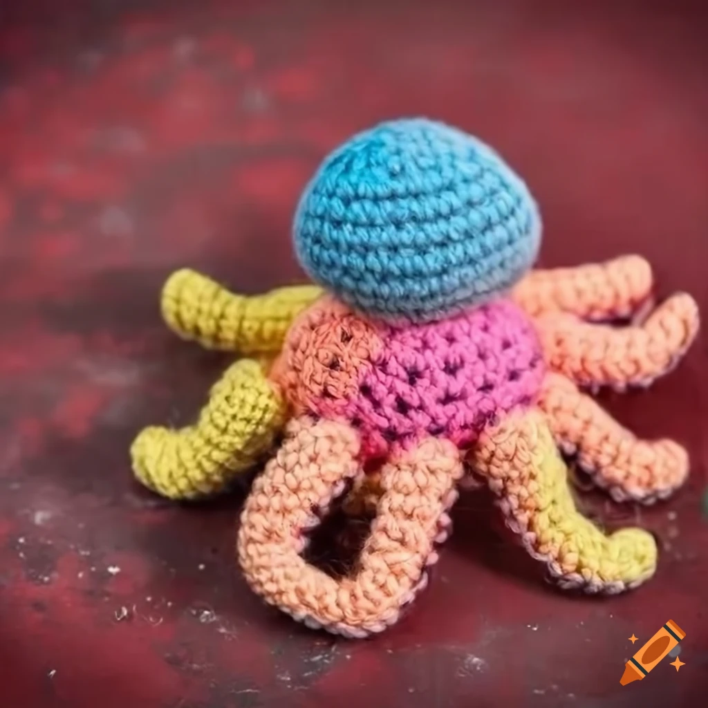Colorful fluffy octopus crochet doll on a red cement background