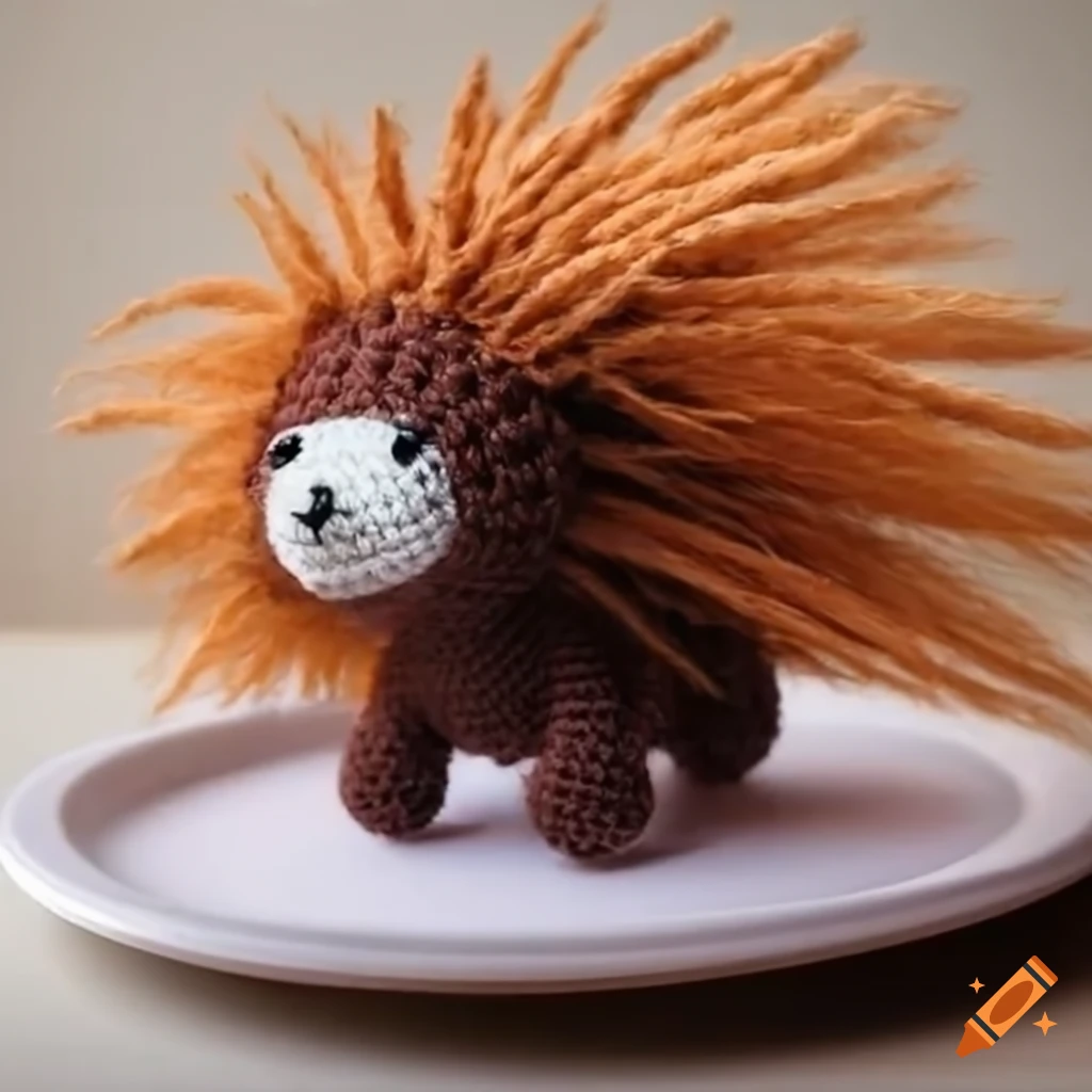 Cute puffy fluffy porcupine crochet doll on a milk plate