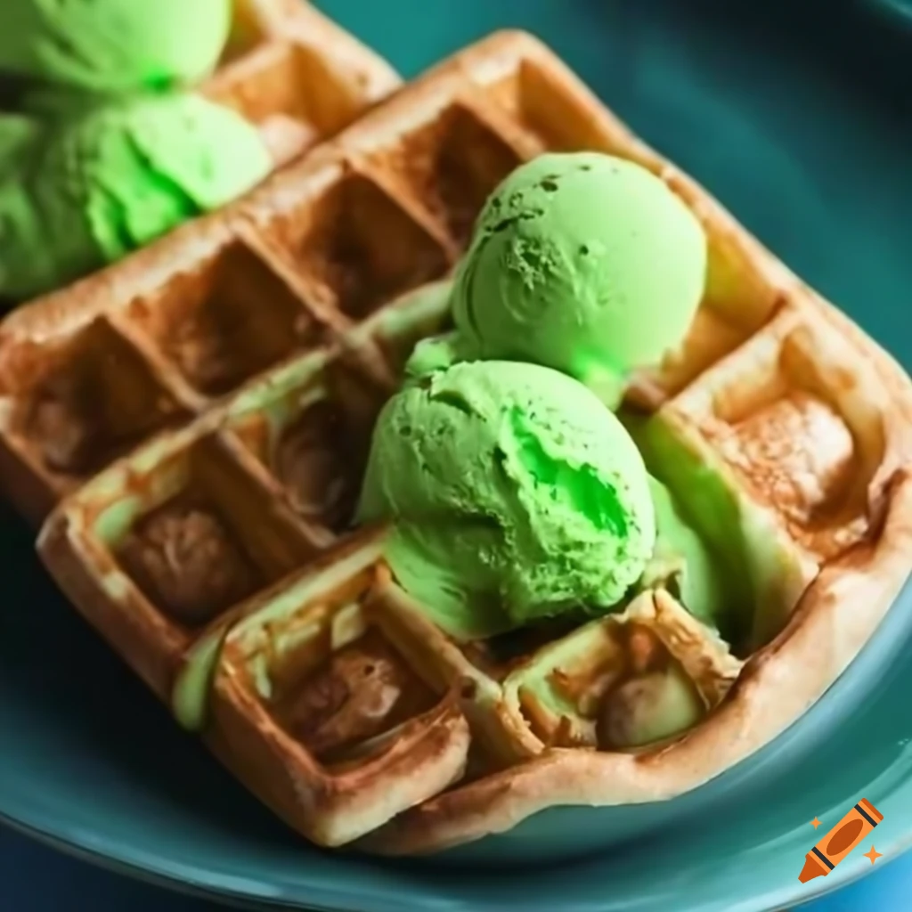 Pandan waffle topped with green tea ice cream