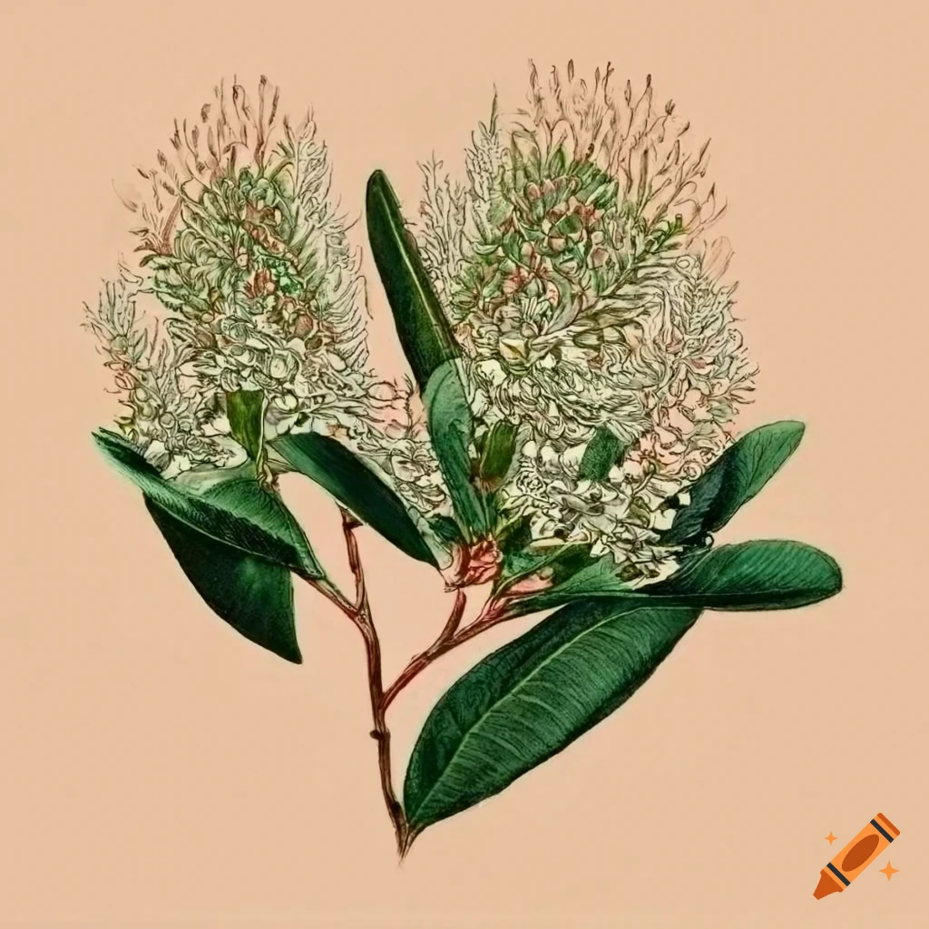 Vintage botanical drawing of Myrtle Myrtus communis plant